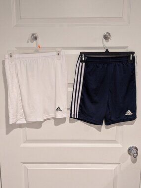 Two pairs of Adidas Squadra shorts - blue & white - youth M